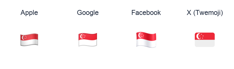Singapore Flag emoji artwork compared side by side for Apple, Google Noto, Facebook, and X Twemoji styles on white.