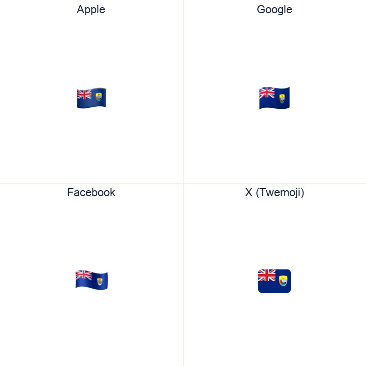 St. Helena Flag emoji in a square grid: Apple and Google on the top row, Facebook and X Twemoji on the bottom, on white.