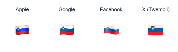 Slovenia Flag emoji artwork compared side by side for Apple, Google Noto, Facebook, and X Twemoji styles on white.