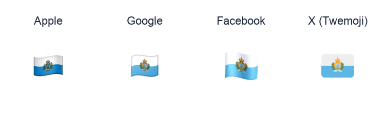 San Marino Flag emoji artwork compared side by side for Apple, Google Noto, Facebook, and X Twemoji styles on white.