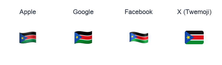 South Sudan Flag emoji artwork compared side by side for Apple, Google Noto, Facebook, and X Twemoji styles on white.