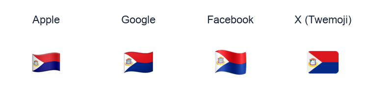 Sint Maarten Flag emoji artwork compared side by side for Apple, Google Noto, Facebook, and X Twemoji styles on white.