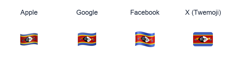 Eswatini Flag emoji artwork compared side by side for Apple, Google Noto, Facebook, and X Twemoji styles on white.