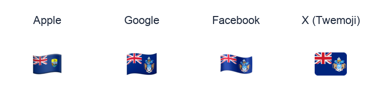 Tristan da Cunha Flag emoji artwork compared side by side for Apple, Google Noto, Facebook, and X Twemoji styles on white.