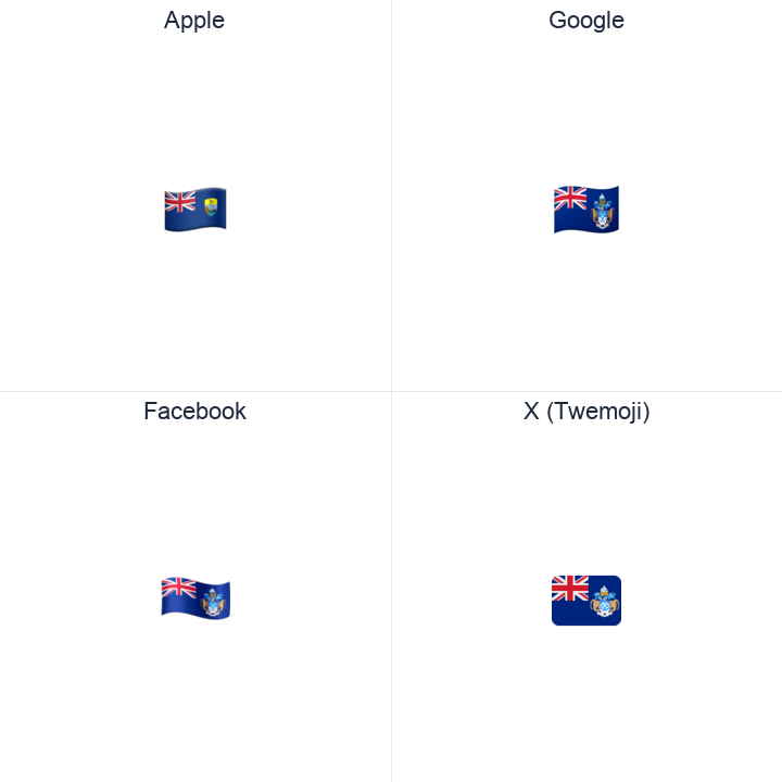 Tristan da Cunha Flag emoji in a square grid: Apple and Google on the top row, Facebook and X Twemoji on the bottom, on white.