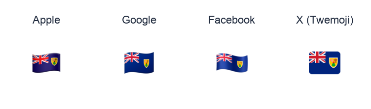 Turks & Caicos Islands Flag emoji artwork compared side by side for Apple, Google Noto, Facebook, and X Twemoji styles on white.