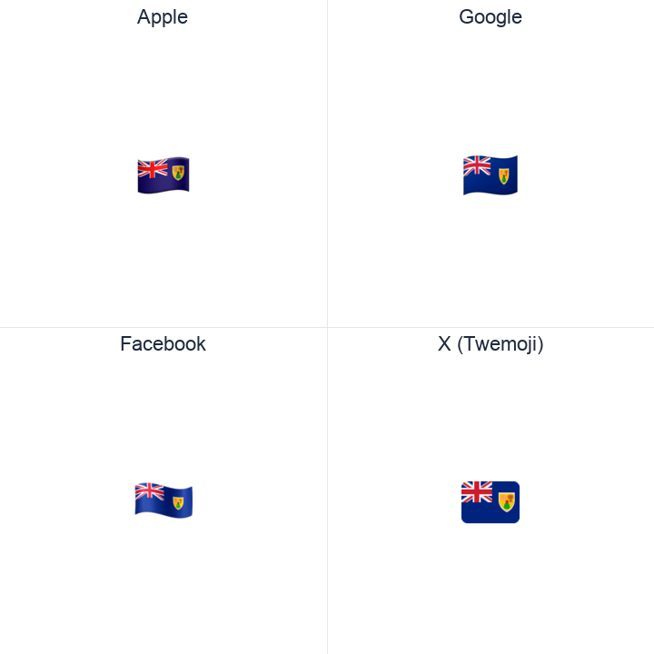 Turks & Caicos Islands Flag emoji in a square grid: Apple and Google on the top row, Facebook and X Twemoji on the bottom, on white.