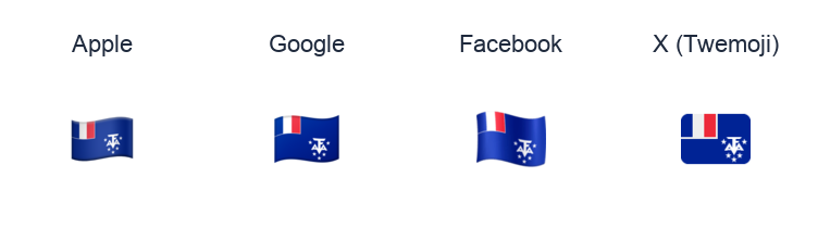 French Southern Territories Flag emoji artwork compared side by side for Apple, Google Noto, Facebook, and X Twemoji styles on white.