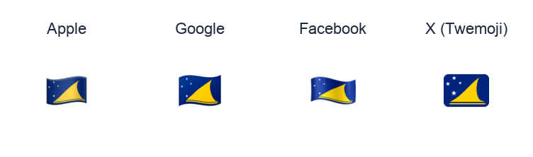 Tokelau Flag emoji artwork compared side by side for Apple, Google Noto, Facebook, and X Twemoji styles on white.
