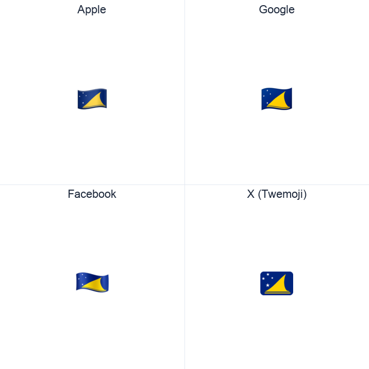 Tokelau Flag emoji in a square grid: Apple and Google on the top row, Facebook and X Twemoji on the bottom, on white.