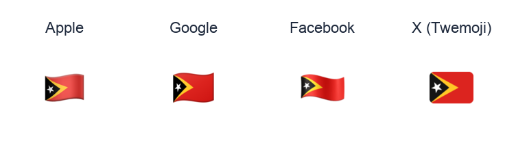 Timor-Leste Flag emoji artwork compared side by side for Apple, Google Noto, Facebook, and X Twemoji styles on white.