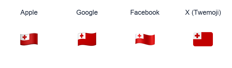 Tonga Flag emoji artwork compared side by side for Apple, Google Noto, Facebook, and X Twemoji styles on white.