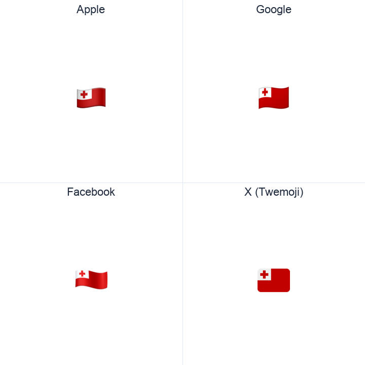 Tonga Flag emoji in a square grid: Apple and Google on the top row, Facebook and X Twemoji on the bottom, on white.