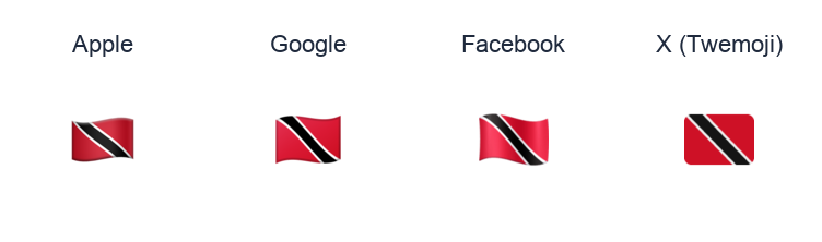 Trinidad & Tobago Flag emoji artwork compared side by side for Apple, Google Noto, Facebook, and X Twemoji styles on white.