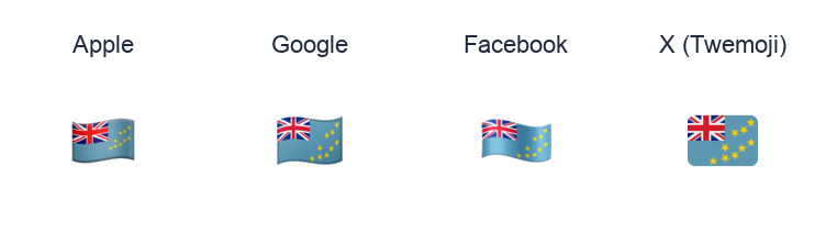 Tuvalu Flag emoji artwork compared side by side for Apple, Google Noto, Facebook, and X Twemoji styles on white.