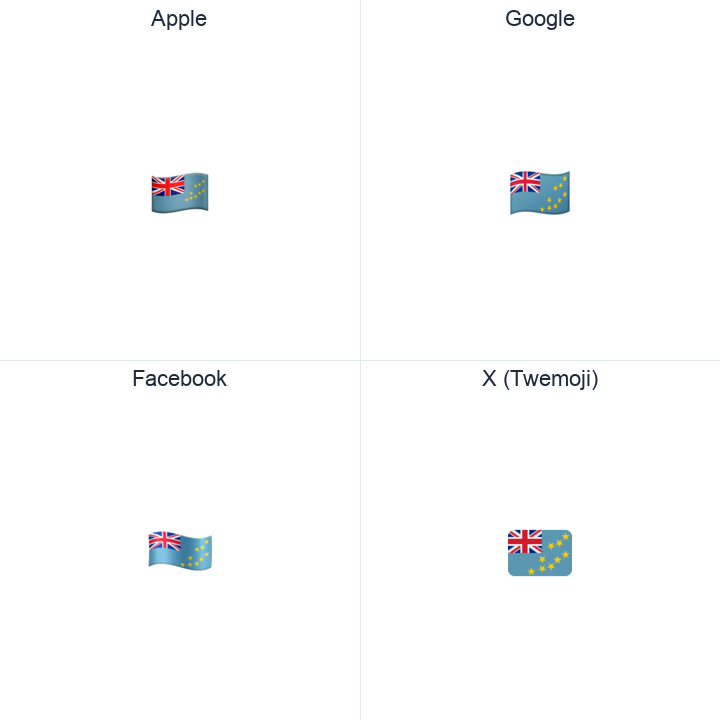 Tuvalu Flag emoji in a square grid: Apple and Google on the top row, Facebook and X Twemoji on the bottom, on white.