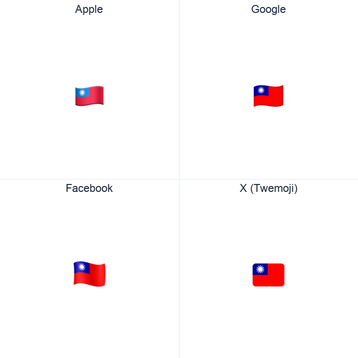 Taiwan Flag emoji in a square grid: Apple and Google on the top row, Facebook and X Twemoji on the bottom, on white.