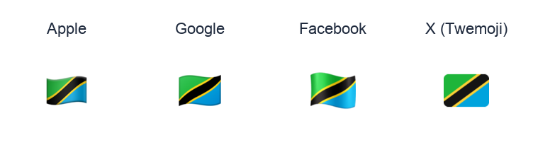 Tanzania Flag emoji artwork compared side by side for Apple, Google Noto, Facebook, and X Twemoji styles on white.