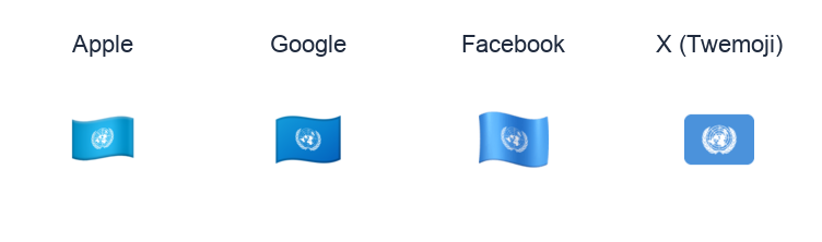 United Nations Flag emoji artwork compared side by side for Apple, Google Noto, Facebook, and X Twemoji styles on white.