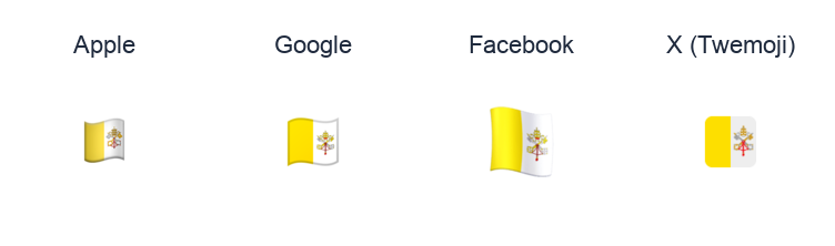 Vatican City Flag emoji artwork compared side by side for Apple, Google Noto, Facebook, and X Twemoji styles on white.