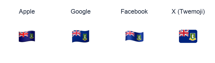 British Virgin Islands Flag emoji artwork compared side by side for Apple, Google Noto, Facebook, and X Twemoji styles on white.