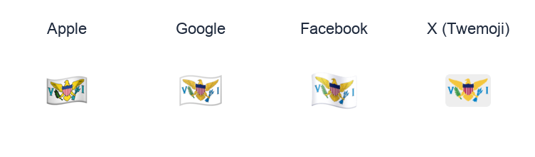 U.S. Virgin Islands Flag emoji artwork compared side by side for Apple, Google Noto, Facebook, and X Twemoji styles on white.