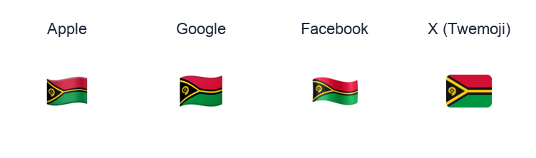 Vanuatu Flag emoji artwork compared side by side for Apple, Google Noto, Facebook, and X Twemoji styles on white.