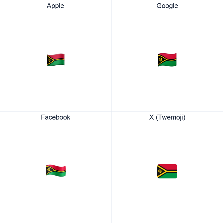 Vanuatu Flag emoji in a square grid: Apple and Google on the top row, Facebook and X Twemoji on the bottom, on white.