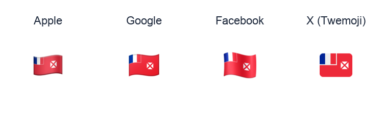 Wallis & Futuna Flag emoji artwork compared side by side for Apple, Google Noto, Facebook, and X Twemoji styles on white.