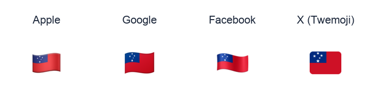 Samoa Flag emoji artwork compared side by side for Apple, Google Noto, Facebook, and X Twemoji styles on white.