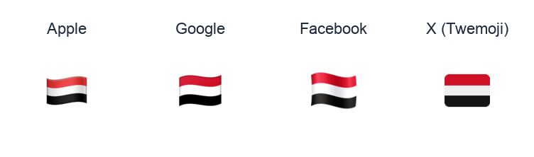 Yemen Flag emoji artwork compared side by side for Apple, Google Noto, Facebook, and X Twemoji styles on white.