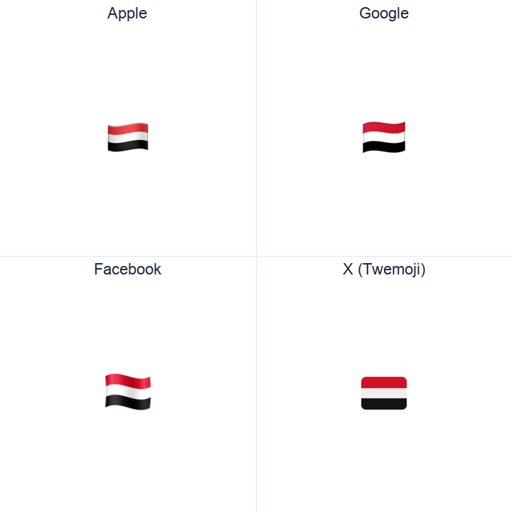 Yemen Flag emoji in a square grid: Apple and Google on the top row, Facebook and X Twemoji on the bottom, on white.