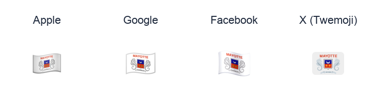 Mayotte Flag emoji artwork compared side by side for Apple, Google Noto, Facebook, and X Twemoji styles on white.