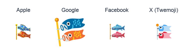 Carp Streamer emoji artwork compared side by side for Apple, Google Noto, Facebook, and X Twemoji styles on white.