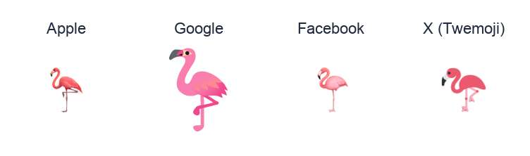 Flamingo emoji artwork compared side by side for Apple, Google Noto, Facebook, and X Twemoji styles on white.
