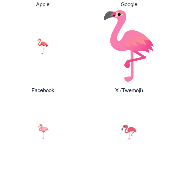 Flamingo emoji in a square grid: Apple and Google on the top row, Facebook and X Twemoji on the bottom, on white.