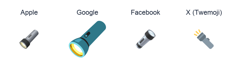 Electric Torch emoji artwork compared side by side for Apple, Google Noto, Facebook, and X Twemoji styles on white.