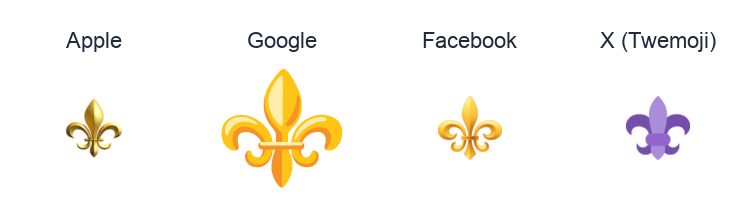 Fleur-De-Lis emoji artwork compared side by side for Apple, Google Noto, Facebook, and X Twemoji styles on white.