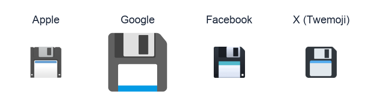 Floppy Disk emoji artwork compared side by side for Apple, Google Noto, Facebook, and X Twemoji styles on white.