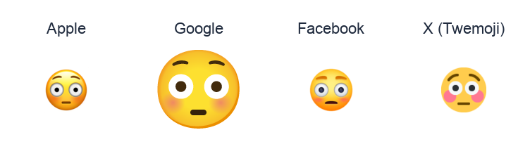Flushed Face emoji artwork compared side by side for Apple, Google Noto, Facebook, and X Twemoji styles on white.