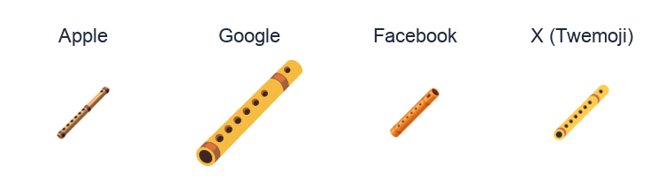 Flute emoji artwork compared side by side for Apple, Google Noto, Facebook, and X Twemoji styles on white.
