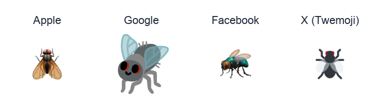 Fly emoji artwork compared side by side for Apple, Google Noto, Facebook, and X Twemoji styles on white.