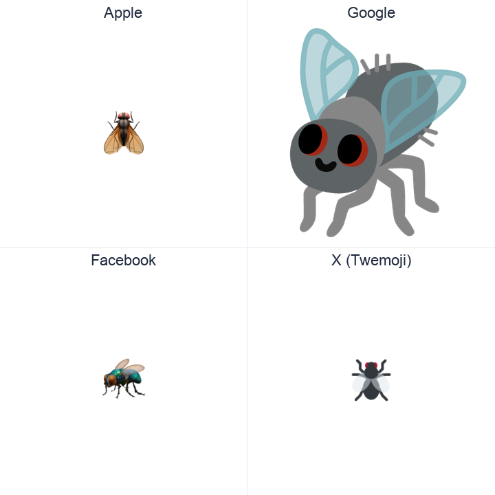Fly emoji in a square grid: Apple and Google on the top row, Facebook and X Twemoji on the bottom, on white.
