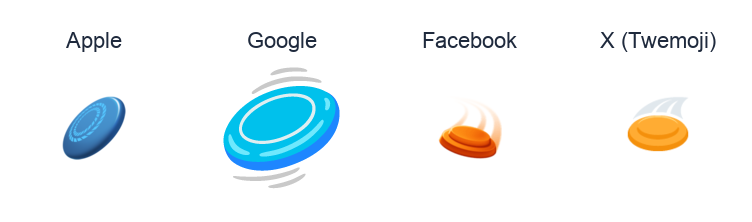 Flying Disc emoji artwork compared side by side for Apple, Google Noto, Facebook, and X Twemoji styles on white.
