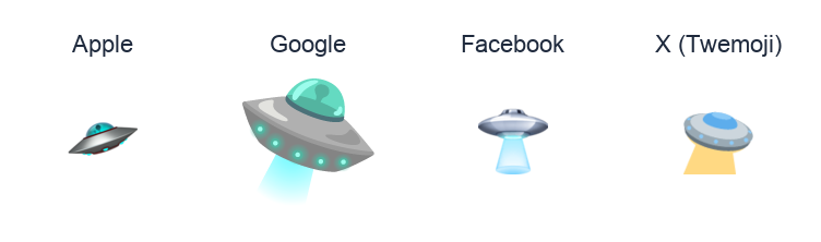 Flying Saucer emoji artwork compared side by side for Apple, Google Noto, Facebook, and X Twemoji styles on white.