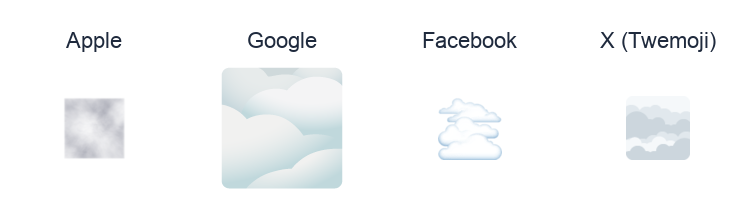 Fog emoji artwork compared side by side for Apple, Google Noto, Facebook, and X Twemoji styles on white.