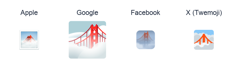 Foggy emoji artwork compared side by side for Apple, Google Noto, Facebook, and X Twemoji styles on white.