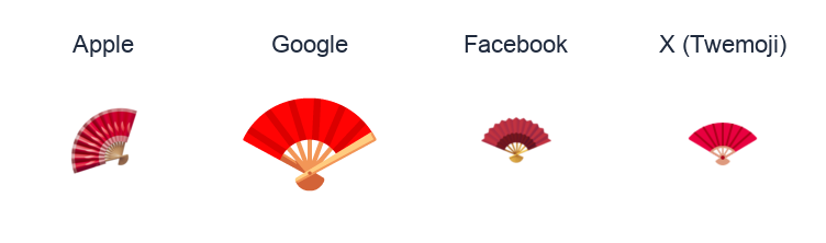 Folding Hand Fan emoji artwork compared side by side for Apple, Google Noto, Facebook, and X Twemoji styles on white.