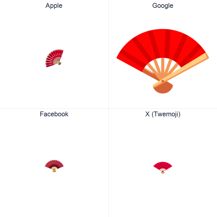 Folding Hand Fan emoji in a square grid: Apple and Google on the top row, Facebook and X Twemoji on the bottom, on white.