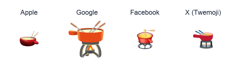 Fondue emoji artwork compared side by side for Apple, Google Noto, Facebook, and X Twemoji styles on white.